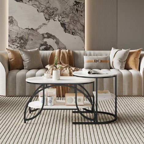 Couchtisch - TANANT - Set aus 2 runden Couchtischen - Moderner Stil - Praktischer Stauraum - Metall