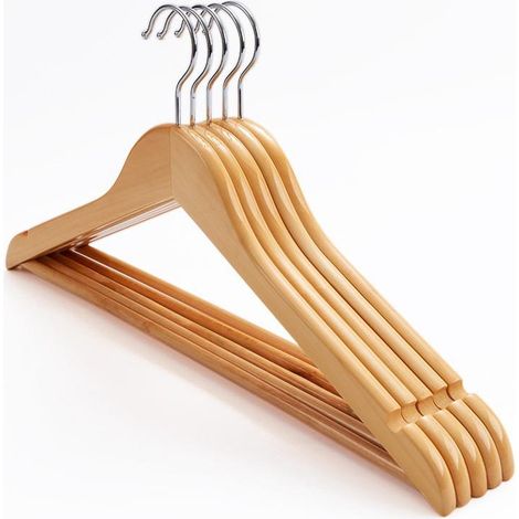 Cintre en Bois Lot de 5, avec Encoches Antidérapantes, Barre Pantalon Anti-Glisse, Crochet Pivotant 360°, pour Costumes, Chemises, Manteaux, Couleur Naturelle (1/5)