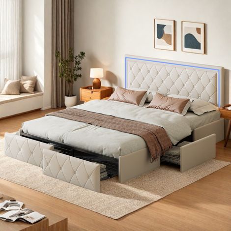 Letto matrimoniale 160x200 cm, con 4 cassetti in ferro, striscia luminosa a LED, rete a doghe, struttura in metallo, PU, adatto ad adulti e ragazzi - Beige