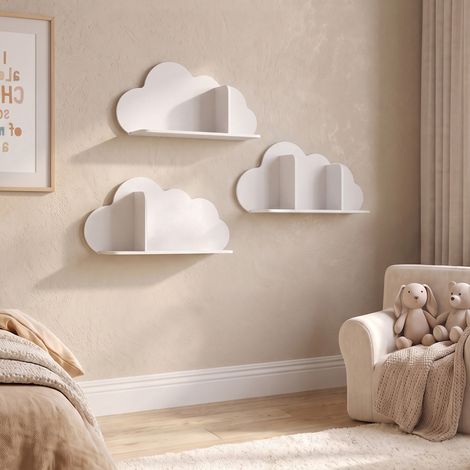 Lot de 3 Étagères à Livres Murales pour Enfant, Forme Nuage, Bibliothèque pour Enfants 3-8 ans, Blanc (1/5)