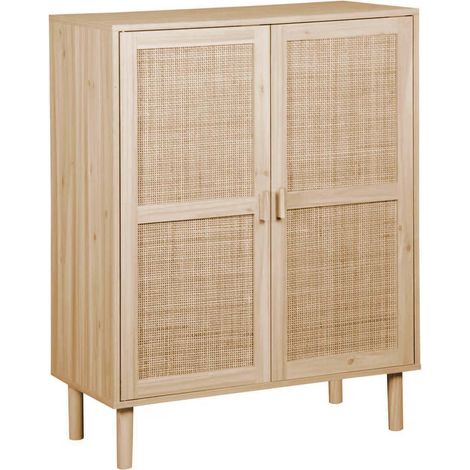 Home Heavenly® - Aparador de ratán con 2 puertas CAMILE, mueble almacenaje con balda interior divisoria, 110x80x40 cm. Color: Pino - Ratán (1/5)