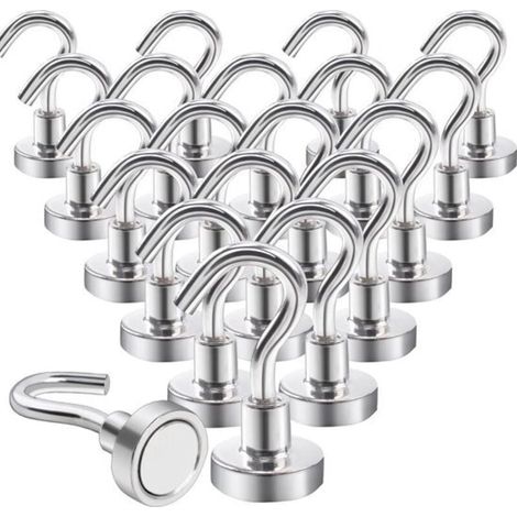 Crochets magnétiques extra-forts (10 kg), aimants néodyme avec crochets, lot de 20, fixation sans perçage, pour portes en fer, réfrigérateurs, cuisines, portants, bureaux, couleur argent.