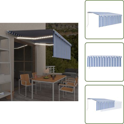 Protection UV - vidaXL Auvent manuel rétractable avec store et LED 4,5x3 m Bleu blanc - Éclairage solaire (1/5)
