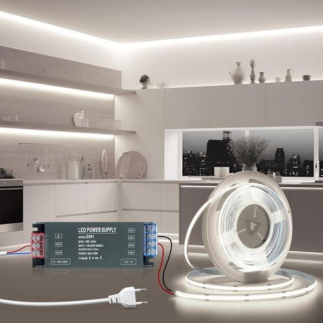 Ruban LED 5M 24V COB Autocollant Bande LED Cuisine Blanc Froid 6000K Flexible Découpable 320LED/M Largeur 8mm, Avec Transformateur 220V 24V 100W et Alimentation avec Fiche,pour Maison Chambre (1/5)