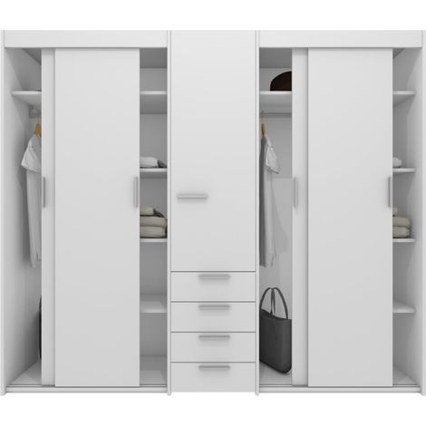 Armadio scorrevole L.225 cm con cassettiera centrale integrata - Bianco