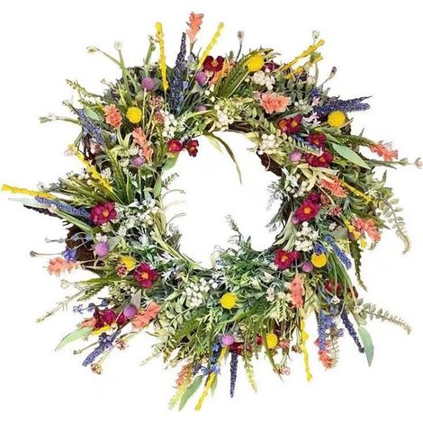 Couronne de fleurs sauvages 35cm, décoration murale et porte d'entrée pour printemps-été, couronne florale artificielle séchée, plante à fleurs éternelles (1/5)