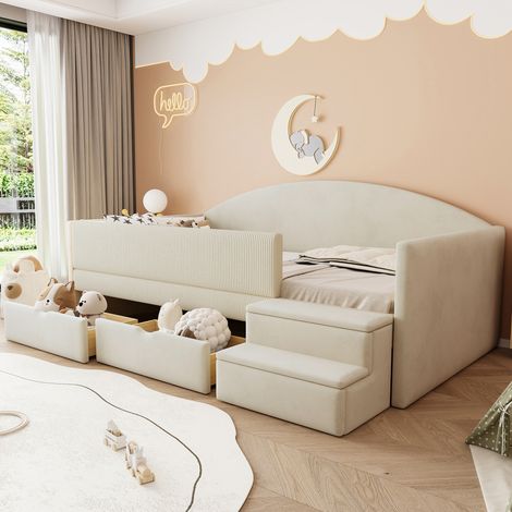 Bett Schlafbett Stauraum 90x190 Samt Beige OKMYHOME (1/5)