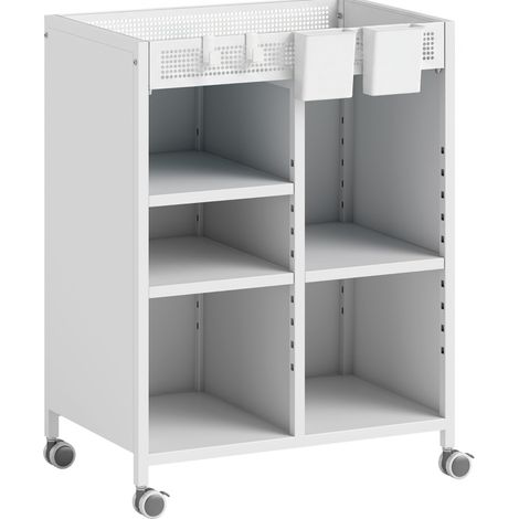 Libreria su ruote a 4 ripiani in metallo bianco con cesti sospesi e ripiani regolabili (1/5)