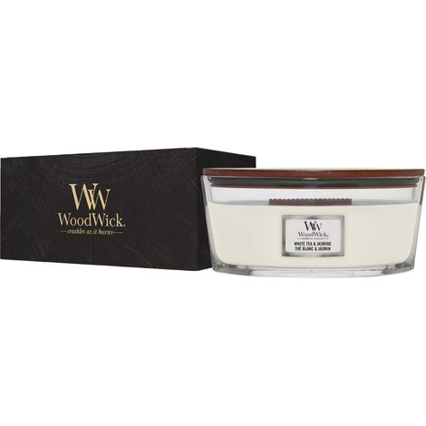 Vela WoodWick blanca TÉ y jazmín 453,6 g elíptica Con caja de regalo (1/4)
