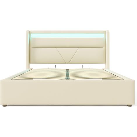 Letto contenitore idraulico 160x200 cm in PU bianco con banda LED, struttura imbottita HOMVRA (1/5)