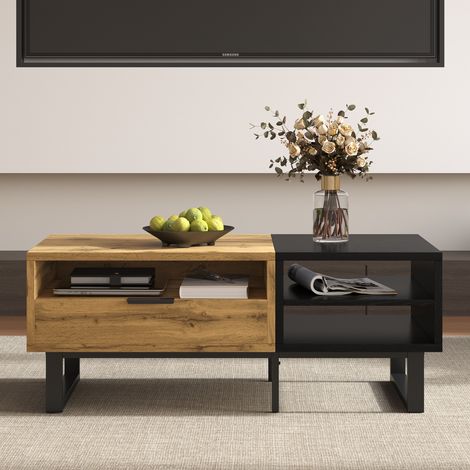 Fester Couchtisch 100x50x40 cm – mit Schubladen – 3 offene Fächer – Farbblockstruktur – Metallbeine – Industriestil – Holz