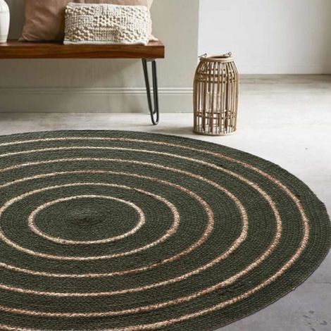Tapis rond en coton tressé, effet jute rayé, kaki, 120 cm - Atout Ciel 69019 (1/4)