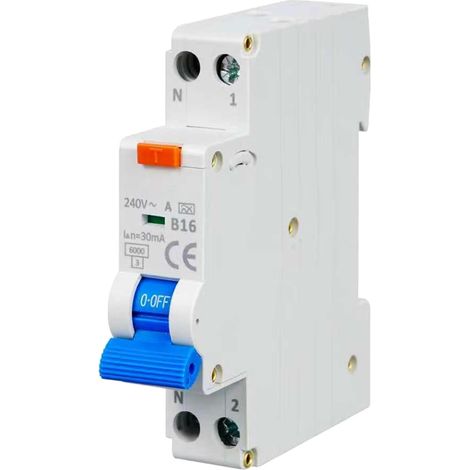 Interrupteur - Disjoncteur RCBO B16A - 30 mA - Disjoncteur différentiel - Disjoncteur 1P+N - Courant nominal - 230 V - Type A - Montage sur rail DIN - Courbe B (1/5)