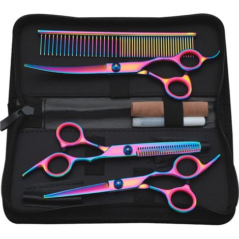 Kit De Ciseaux De Toilettage pour Chien, Pointes Rondes De Sécurité Professionnelles en Acier Inoxydable Colorées 7 en 1 Ensemble De Cisailles De Toilettage pour Chiens Chats (1/5)