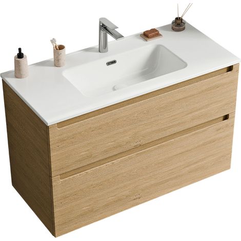 Waschtischunterschrank Bernstein VIREO 100 cm mit Waschbecken Weiß - Badmöbelfarbe Eiche Honiggold