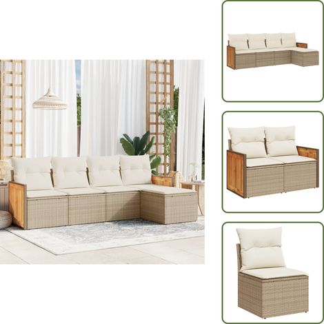 The Living Store 5-tlg. Garten-Sofagarnitur mit Kissen Beige Poly Rattan - Gartensessel (1/5)