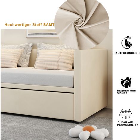 Sunfecili – Canapé-lit gigogne 90/180x200 – Lit rembourré en velours doux – Sommier à lattes – Transformable pour petits espaces