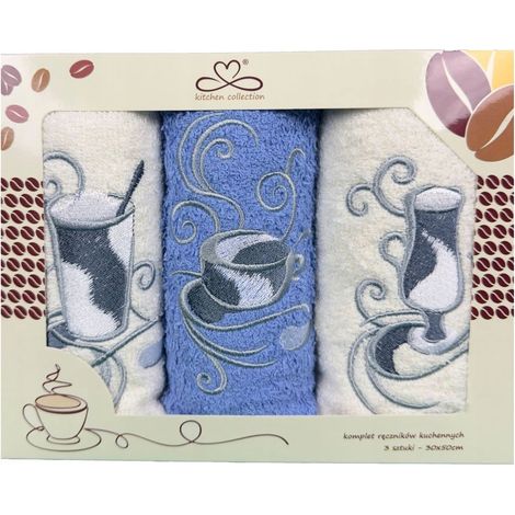 Juego de paños de cocina "Kuchcik" con estampado de tazas, 30x50 cm, azul y crudo.