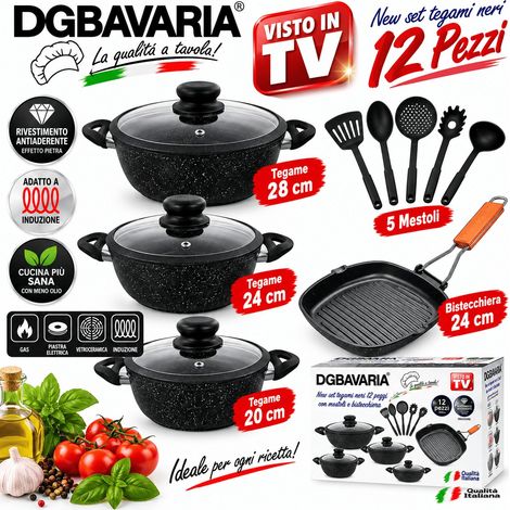 Set Batteria 12 Pz Nera Con 3 Tegami 20/24/28 con coperchi + Bistecchiera 24cm e 5 mestoli