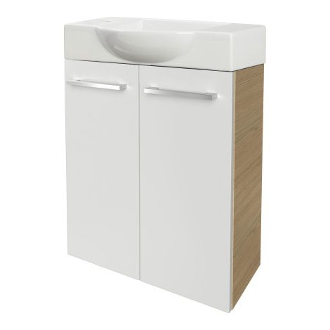 Fackelmann B. STYLE SBC Gäste-WC Set 2 Teile – Waschtischunterschrank in Weiß mit Holz Braun mit Waschbecken aus Keramik – Waschbeckenunterschrank schmal – 2 Türen – Hahnloch links – 55 cm breit"-"901 (1/5)