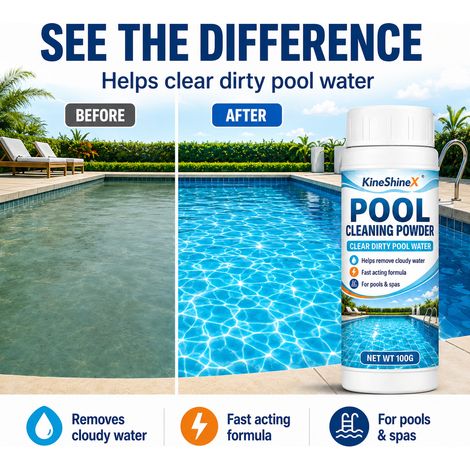 KineShineX Poolwasserreinigungspulver klärt Poolwasser, entfernt Trübungen und reinigt Thermalbecken, sodass diese klar und strahlend bleiben.