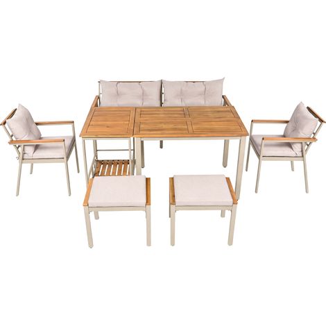 Conjunto de Jardín de 6 Plazas en Acacia y Metal con Mesa, Sofá, 2 Sillones, 2 Taburetes, Mesa Auxiliar y Cojines, Beige