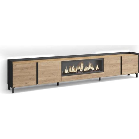Mueble TV Algatocín-02 de 315x61x35 cm con chimenea y luces LED, diseño industrial, color roble y negro (1/4)