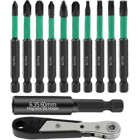 Ensemble de 12 embouts de perceuse électrique Philips Pozidriv Torx en acier allié S2 avec clé à cliquet et porte-embout magnétique pour divers outils (1/5)