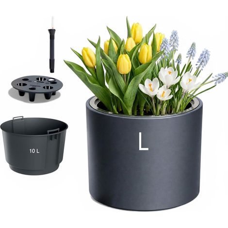 Pot de fleurs rond moderne avec insert et syst¨¨me d'irrigation, r¨sistant au gel et aux UV, en plastique, pour une utilisation int¨rieure et ext¨rieure, couleur anthracite, L (1/5)