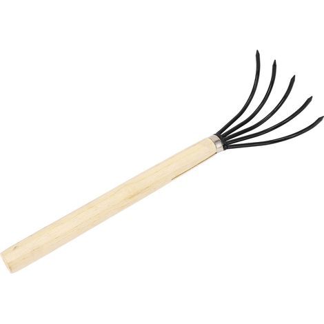 Râteau à main de jardin, 5 dents en acier, manche en bois, conception ergonomique, cultivateur à griffes pour le travail du sol, ameublissement du sol Long (1/5)