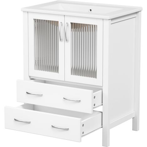 Mobile bagno con lavabo in ceramica 61 cm bianco lucido, cassetti e ante scanalate (1/5)