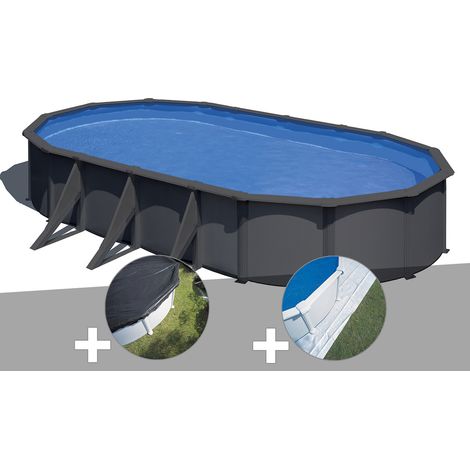 Kit piscine acier gris anthracite Gré Louko ovale 7,44 x 3,99 x 1,22 m + Bâche d'hivernage + Tapis de sol