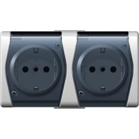 Hermes2 Enchufe doble herm茅tico con/sin Schuko de 16 A IP44 con tapa, color blanco ahumado 1025-01