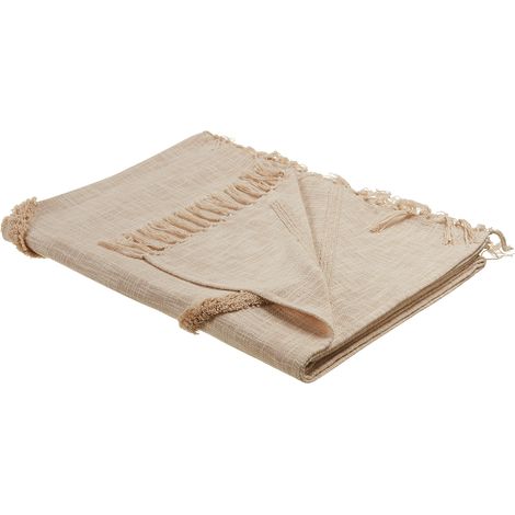 Manta de algodón natural beige claro 130 x 180 cm hecho a mano flecos Jaunpur