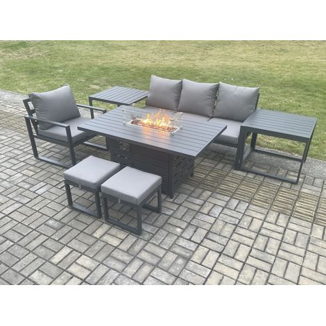 Fimous Aluminium 7 Pieces Garden Furniture Sofa Set with Cushions Gas Fire Pit Dining Table Set with 2 Small Footstools 2 Side Tables Dark Grey (1/5)