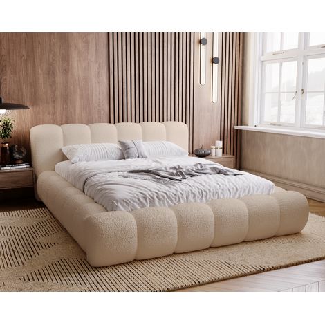Emporius – Lit coffre 180x200 avec rangement – Tissu imitation laine de mouton – Cadre en bois – Lit rembourré beige – Design élégant