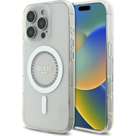 Guess GUHMP16LPFTDTEH iPhone 16 Pro 6.3" bianco/custodia rigida bianca con strass IML e MagSafe (1/5)