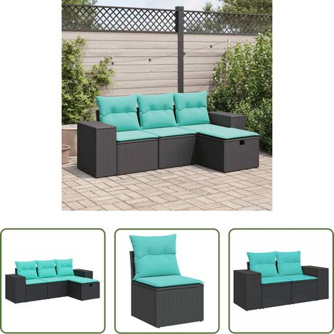Canapé extérieur -  Salon de jardin 4 pcs avec coussins noir résine tressée (1/5)