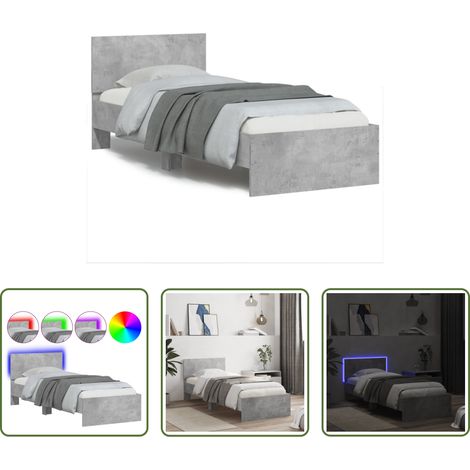 vidaXL LED-Leuchten - Bettgestell mit Kopfteil und LED-Leuchten Betongrau 90x200 cm (1/5)