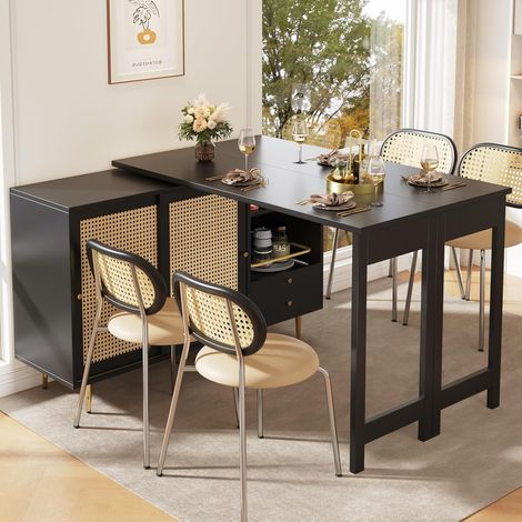 Table de bar pivotante à 360° (dimensions du corps principal : 107 x 40 x 71,4 cm), table de bar design extensible noire, meuble de rangement avec porte en rotin et étagère ouverte, idéale pour la cui (1/5)