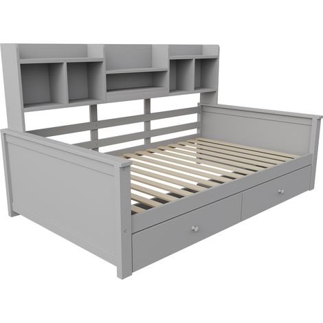 Bettbank 90x200 cm mit Stauraum, 2 Schubladen und Regalfächern, Holz grau, MODENUIT (1/5)