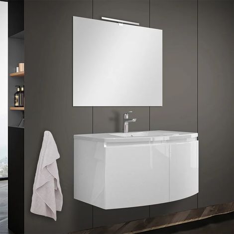 Mobile bagno sospeso curvo 80 cm bianco lucido con lavabo e specchio (1/5)