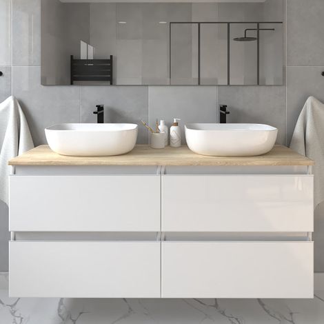 Meuble de salle de bain sans miroir avec vasques à poser arrondie - blanc - BALEA - 120cm (1/5)