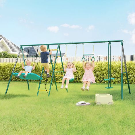 Portique 5 en 1 avec balançoire nid réglable, anneaux de gymnastique, structure d'escalade double pour enfants de 3 à 8 ans, 440 x 175 x 203 cm