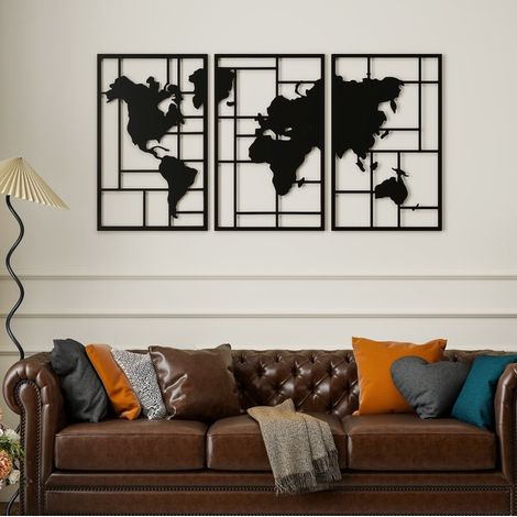 Decorazione murale in metallo mappa del mondo 3 pezzi, 150 x 80 cm, nero OKMYHOME (1/5)