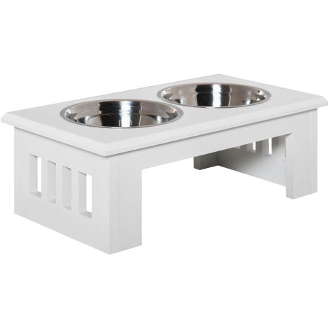 Ciotola rialzata per cani, ciotola per l'alimentazione con ciotole in acciaio inox, 58,4 x 30,5 x 25,4 cm, MDF, antiscivolo, facile da pulire, bianca, per cani, in loco (1/5)