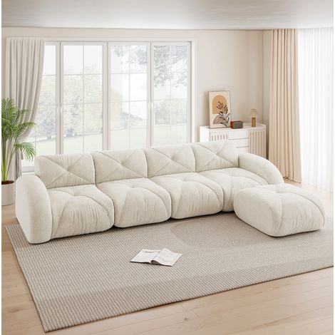 Canapé d’angle modulare in chenille bianco 4 posti con pouf, senza montaggio (1/5)