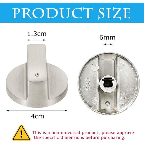 Set of 4 Universal Brushed Metal Control Knobs for Gas Cookers, 6mm Silver, Stove Knob, Suitable for Gas, Oven and Hob (1/4)