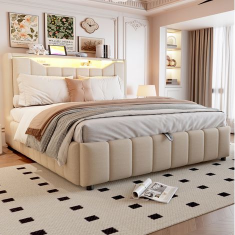 Cama tapizada (214.5x141x107.5 cm), con almacenamiento hidráulico, cabecero con luces LED y carga USB, tela beige (1/5)
