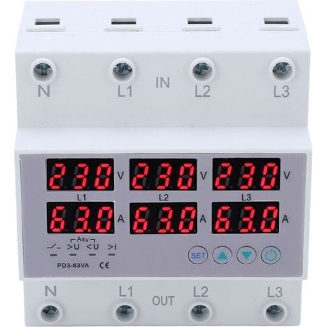 Voltmetro e amperometro trifase Ej.Life per montaggio su guida DIN, con protezione automatica da sovracorrente e sovratensione, AC 390-500V 63A